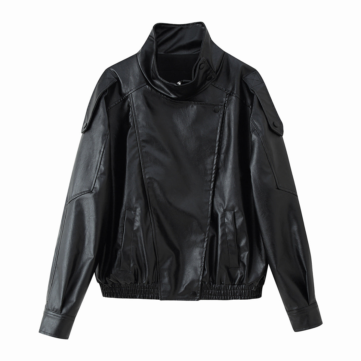 Damen Kunstlederjacke mit modischem Stehkragen und praktischen Taschen EB