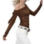 Damen transparente Spitzenbluse mit asymmetrischem Schnitt EB