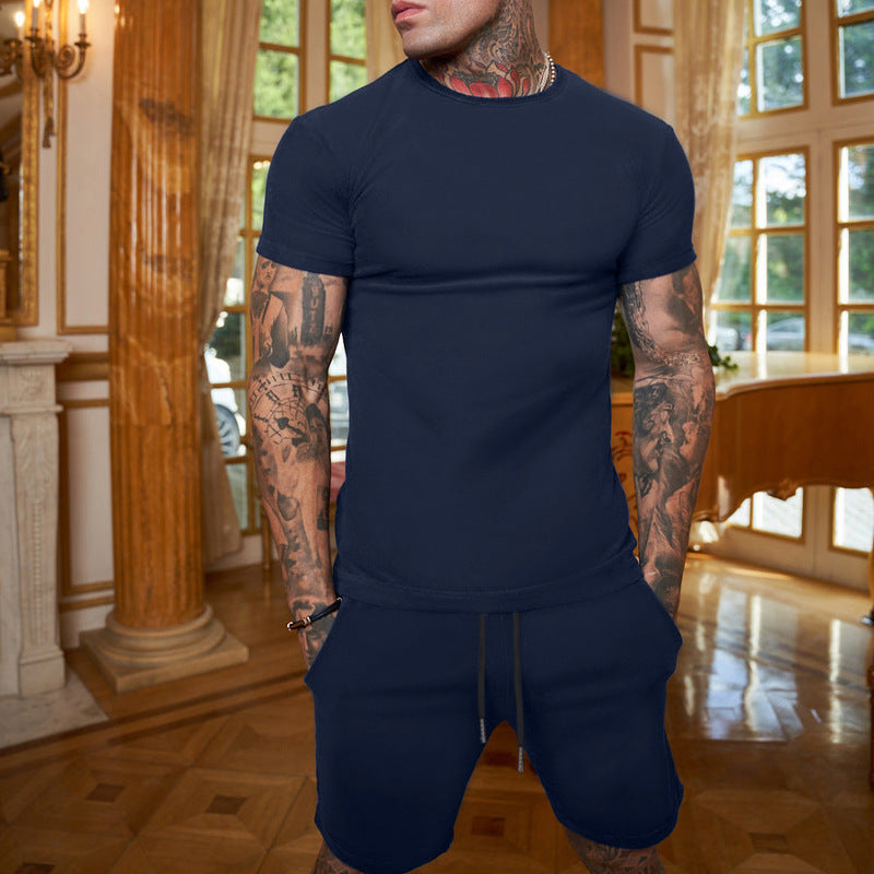 Herren nan schlankes Jersey-Set mit Rundhalsshirt und elastischer Tunnelzug-Shorts EB