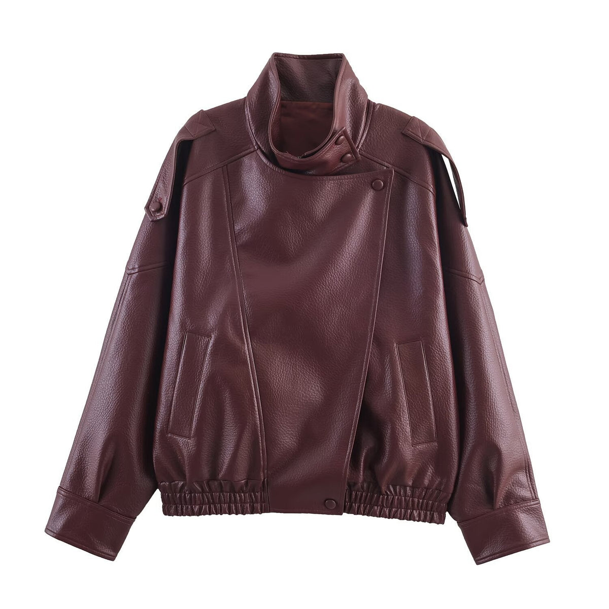 Damen Kunstlederjacke im modernen Design mit hochgeschlossenem Kragen und praktischen Taschen EB