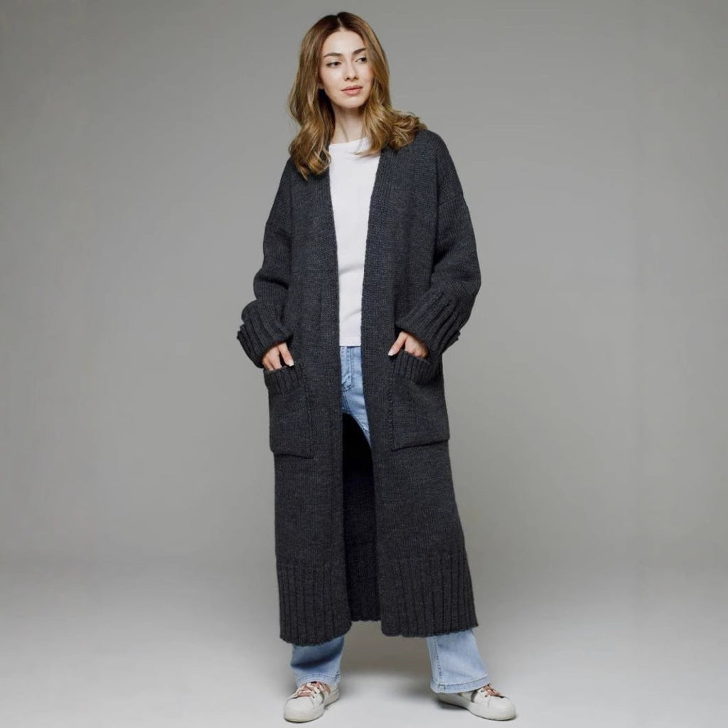 Damen Langer Strickmantel mit praktischen Taschen und strukturiertem Design EB