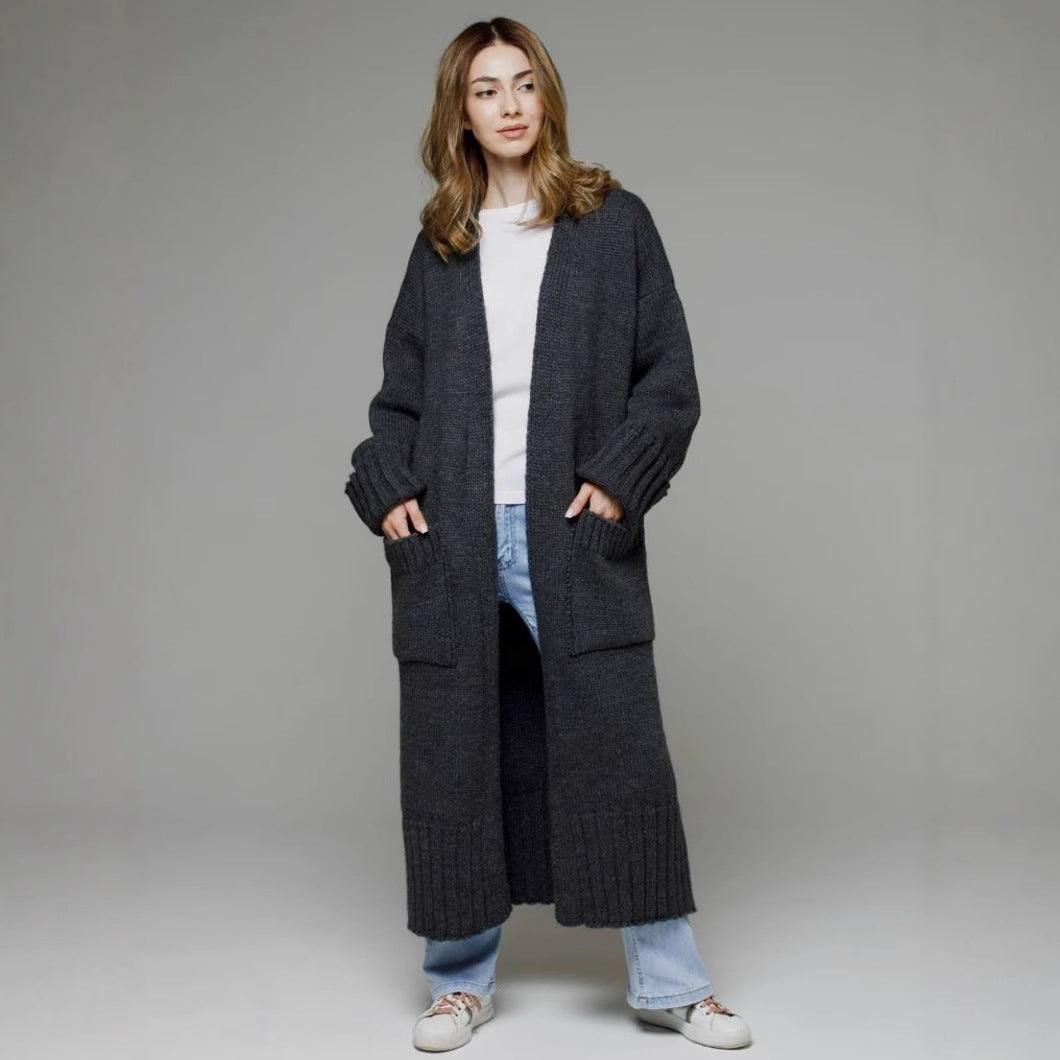 Damen Langer Strickmantel mit praktischen Taschen und strukturiertem Design EB