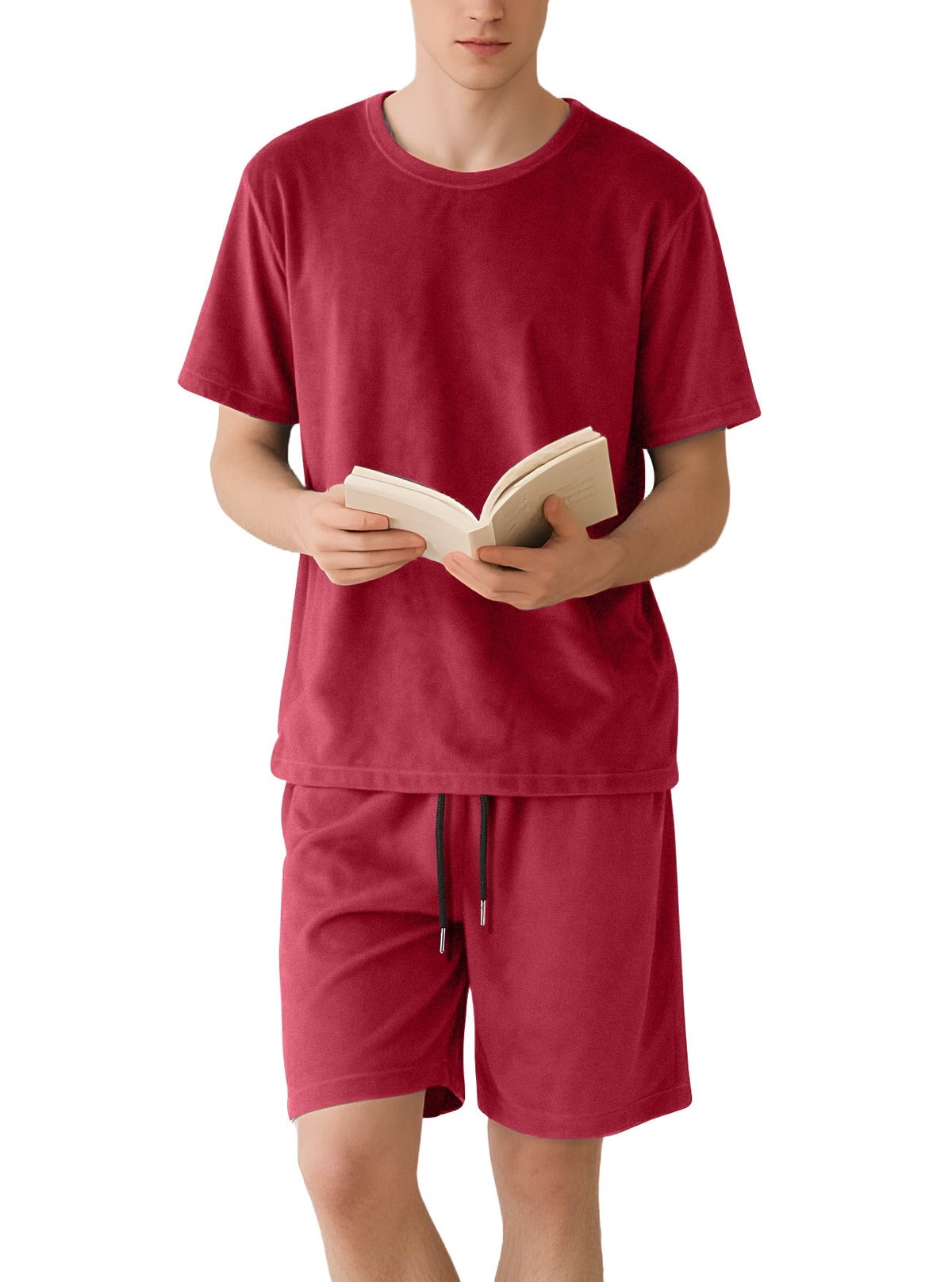 Herren nan Samtvelours Lounge-Set mit Rundhals-Kurzarmshirt und Kordelshorts EB