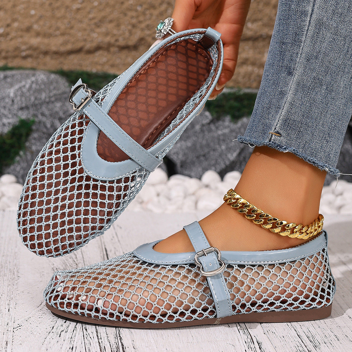 Damen Ballerinas mit modischem Netzdesign und dekorativem Riemchen EB