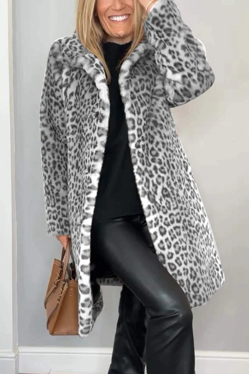 Damen Luxuriöser Teddy-Mantel mit Leopardenmuster und weichem Fleece EB