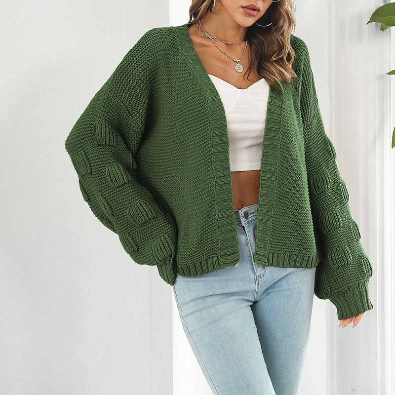 Damen Grobstrick Cardigan mit breiten Ärmeln und V-Ausschnitt EB