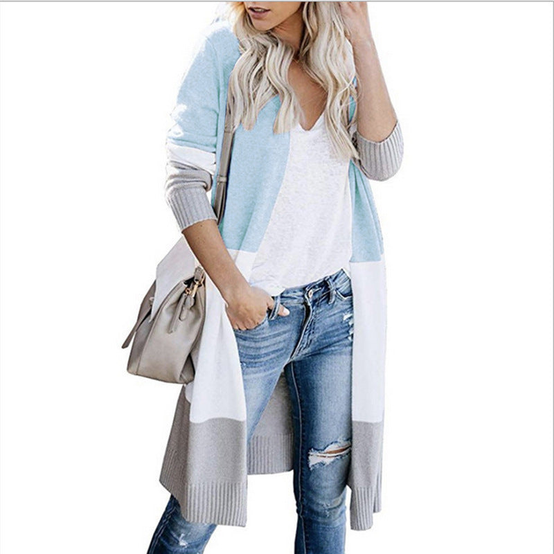 Damen langer Strickmantel mit modernen Farbblock-Details EB