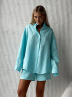 Damen lässiges Leinen Set mit lockerer Bluse und Shorts EB