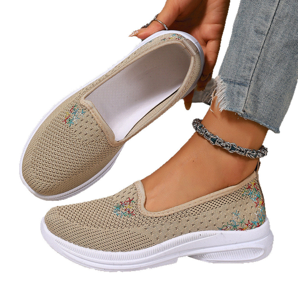 Damen Bequeme Slip-On Schuhe mit atmungsaktiver Strickoberfläche und floralem Muster EB