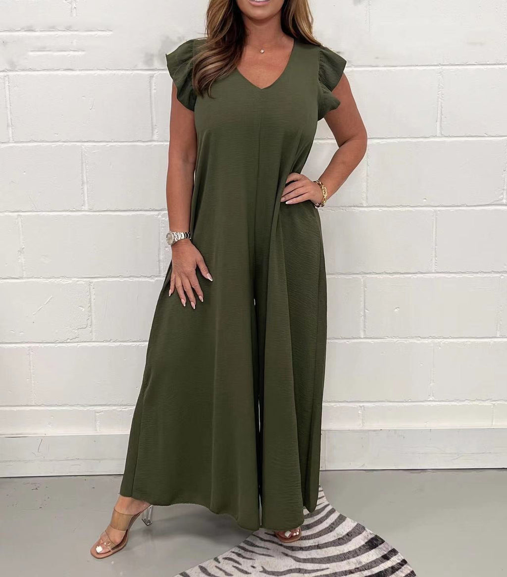Damen luftiger Jumpsuit mit weit geschnittenem Bein und V-Ausschnitt EB