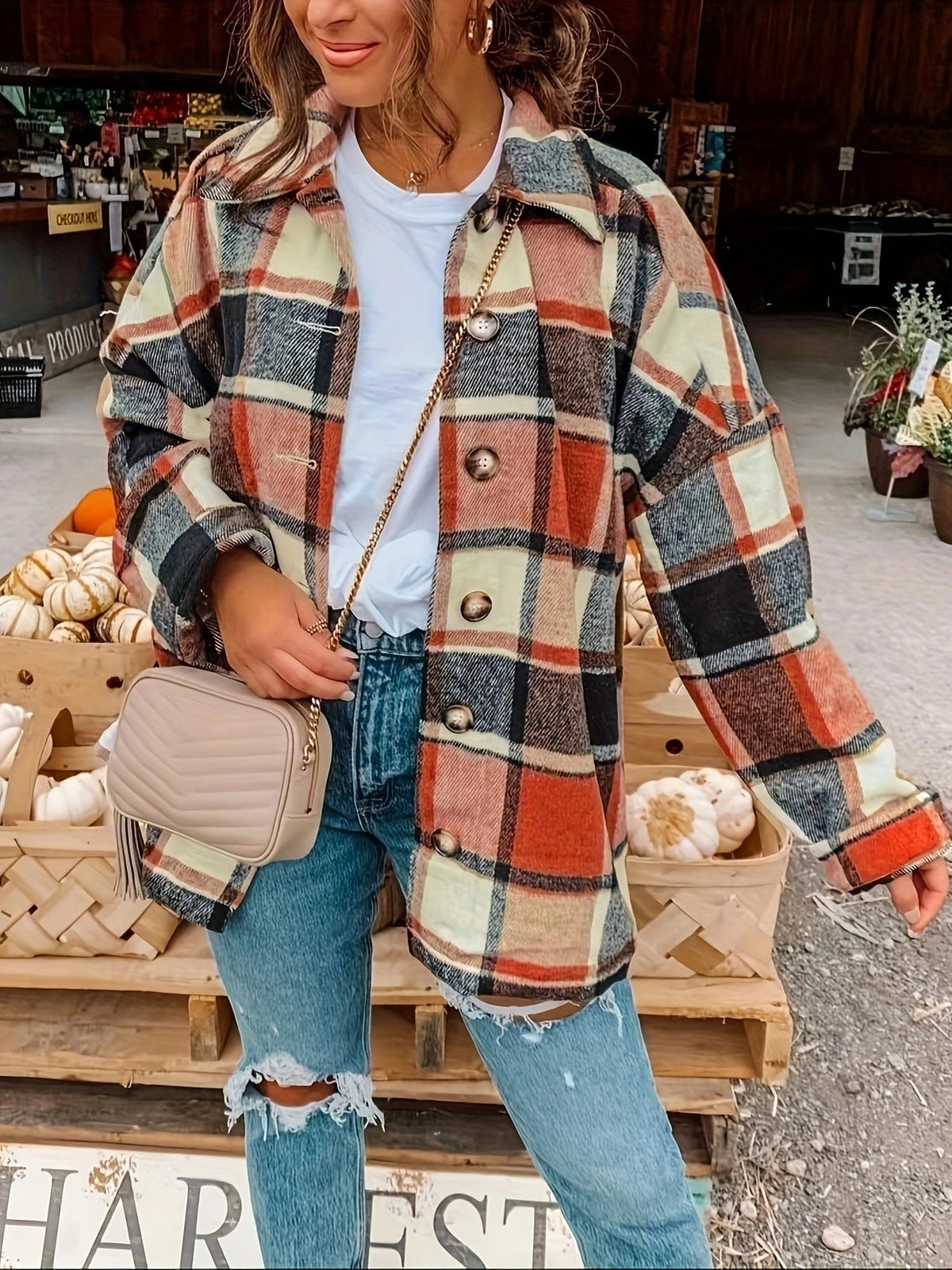 Damen Karierte Flanelljacke mit Knopfdetails und lässigem Schnitt EB