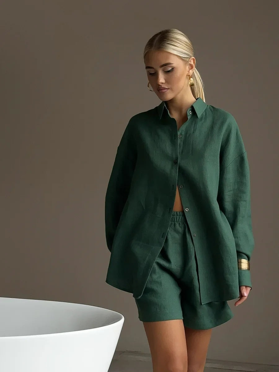 Damen lässiges Leinen Set mit lockerer Bluse und Shorts EB