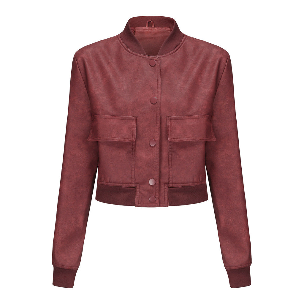 Damen Kunstleder Bomberjacke mit praktischen Taschen und elastischen Bündchen EB