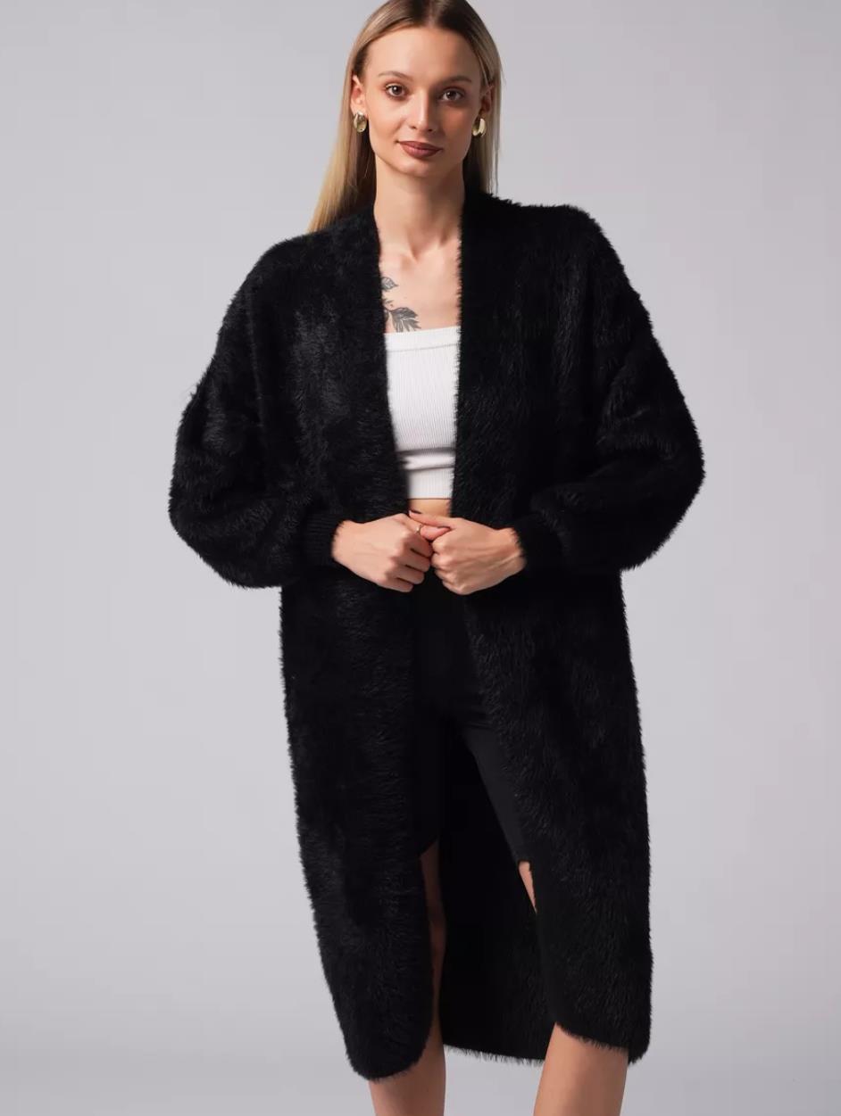 Damen Flauschiger Langstrickmantel mit seitlichem Schlitz und lockerer Passform EB