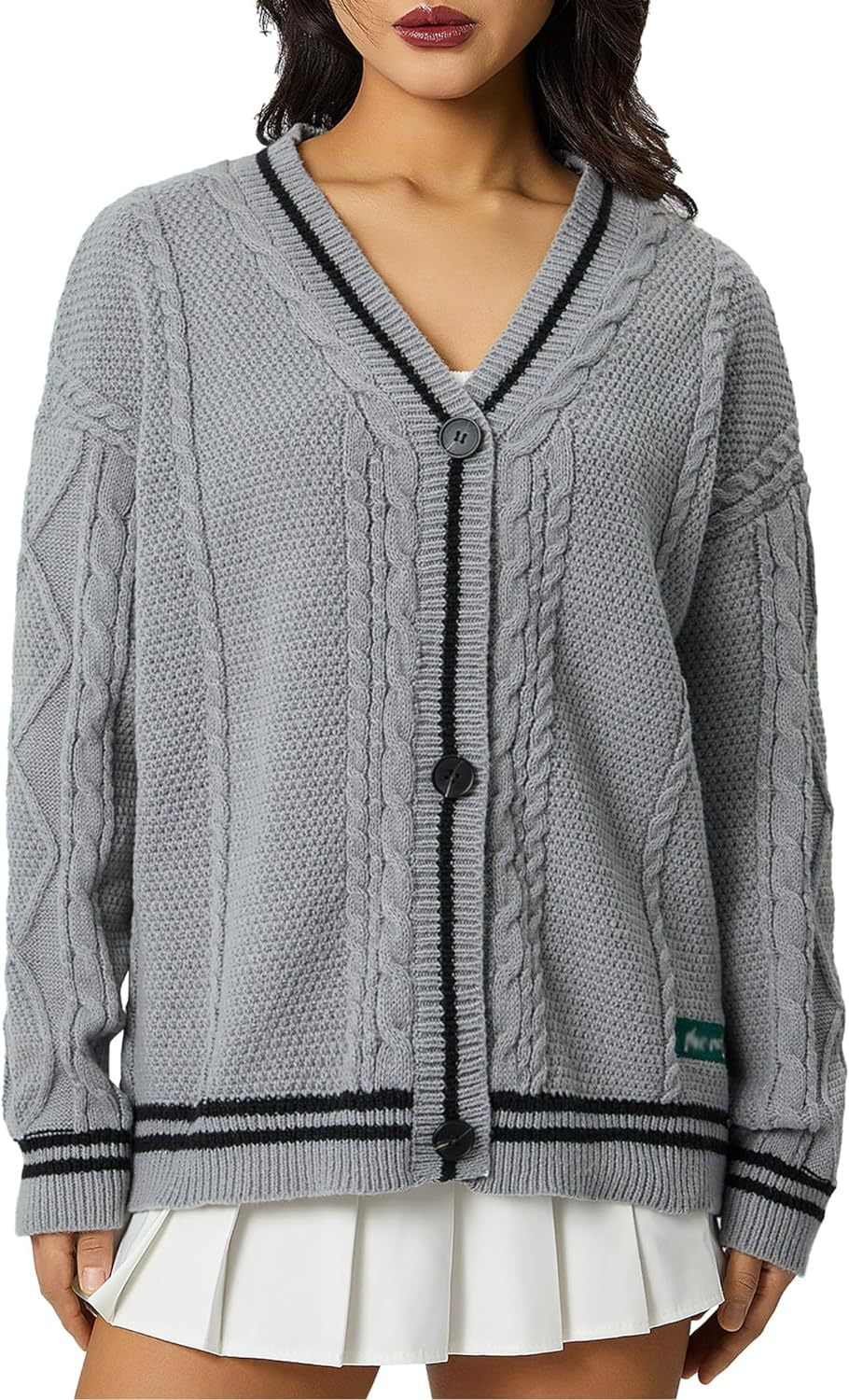 Damen Grobstrick-Cardigan mit dekorativen Sternen und kontrastierendem Bund EB