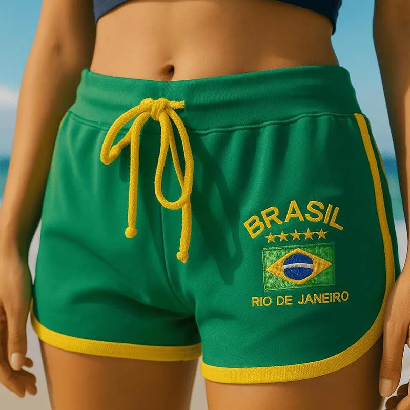 Sportive Retro-Sweatshorts für Damen mit Stickerei und Kordelzug