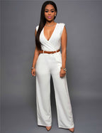 Damen Eleganter Wickel-Jumpsuit mit weitem Bein und Taillengürtel EB