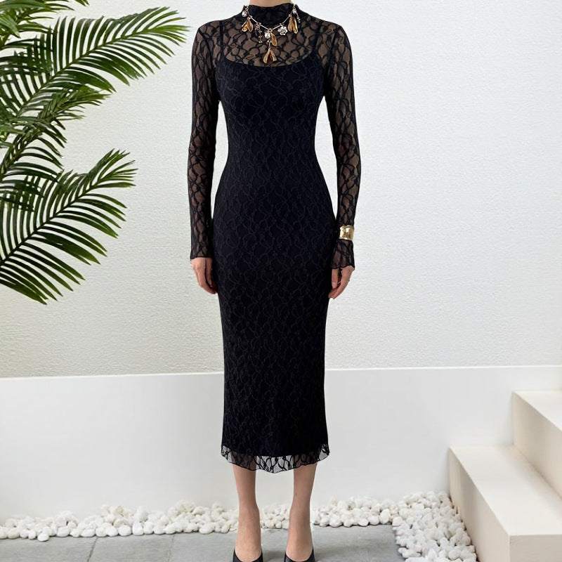 Damen Elegantes Kleid mit transparenten Spitzenärmel EB