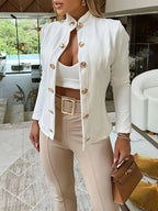 Damen elegante Couture-Jacke mit Schmuckknöpfen und tailliertem Schnitt EB