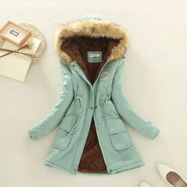 Damen Gesteppte Winterjacke mit Abnehmbarem Kunstfellkragen und Praktischen Aufgesetzten Taschen EB