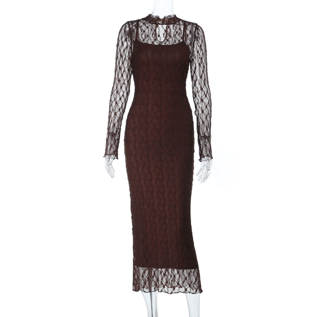 Damen Elegantes Kleid mit transparenten Spitzenärmel EB