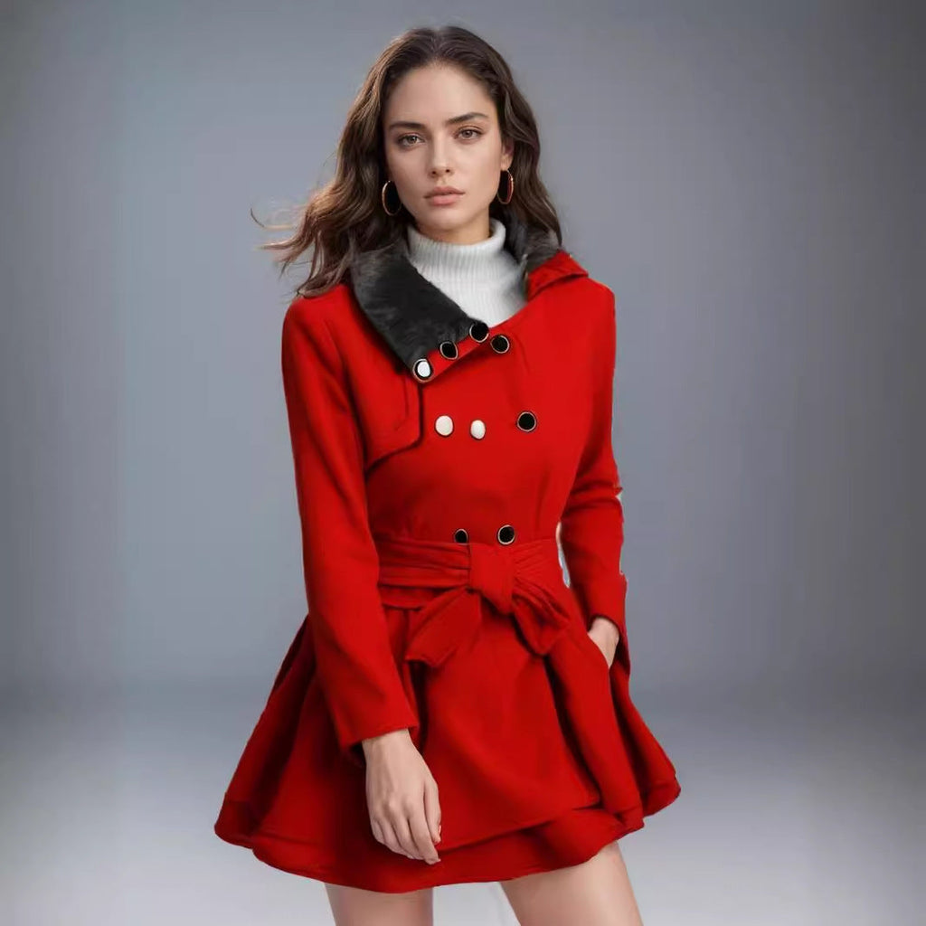 Damen klassischer Mantel mit elegantem Kragen und abnehmbarer Kapuze EB