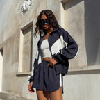 Damen nan lässiges Athleisure-Set mit windabweisender Kurzjacke, Stehkragen und elastischen Highwaist-Shorts EB