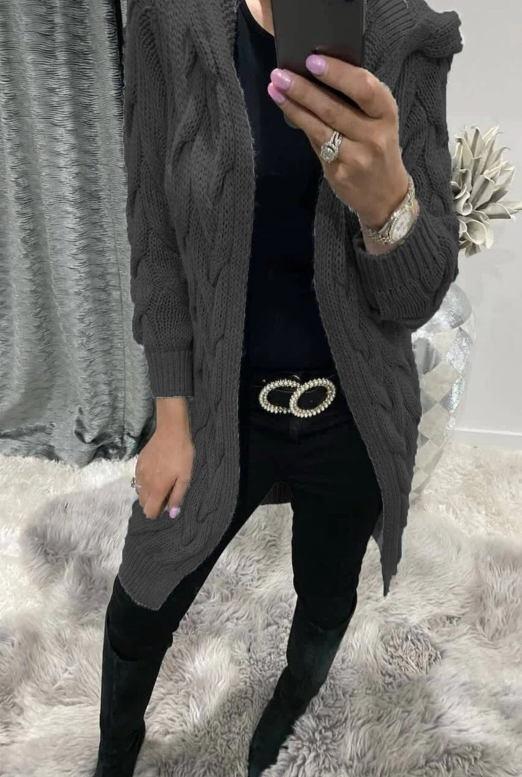 Damen Grobstrick-Cardigan mit Kapuze und Zopfmuster EB