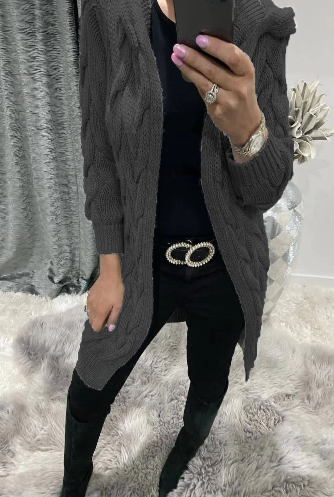 Damen Grobstrick-Cardigan mit Kapuze und Zopfmuster EB