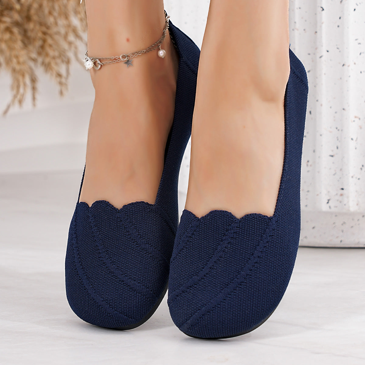 Damen Bequeme Slip-On Ballerinas mit wellenförmigem Design und elastischem Obermaterial EB