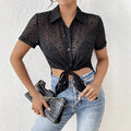 Damen Kurzarmhemd mit geknotetem Design und transparenter Struktur EB
