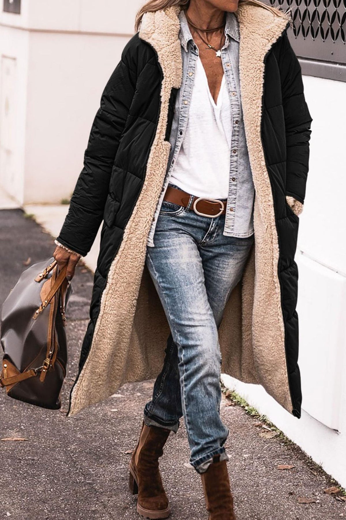 Damen Lange Winterjacke mit weich gefüttertem Kragen EB