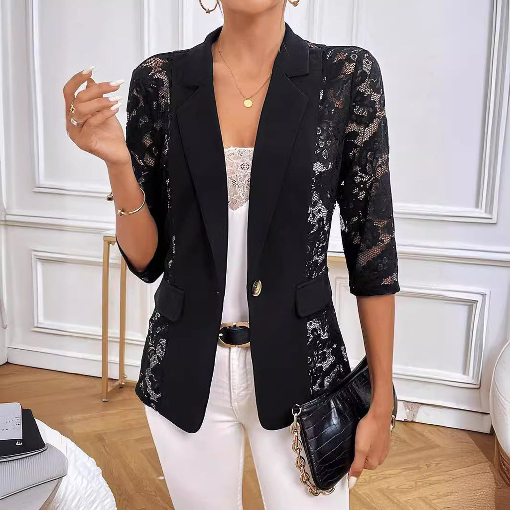 Damen Elegante Blazerjacke mit transparenter Spitzenverarbeitung EB
