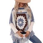 Damen eleganter Strickponcho mit kunstvollem Muster und fransigem Abschluss EB