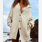 Damen Grobe Strickjacke mit offener Front und lässigem Look EB