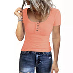 Damen Figurbetontes Kurzarmshirt mit strukturiertem Rippdesign und Knopfleiste EB