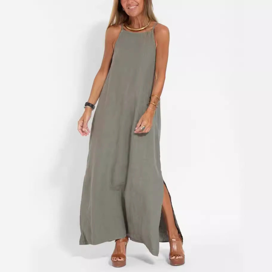Damen elegantes Maxikleid mit feinen Trägern und schwingendem Saum EB
