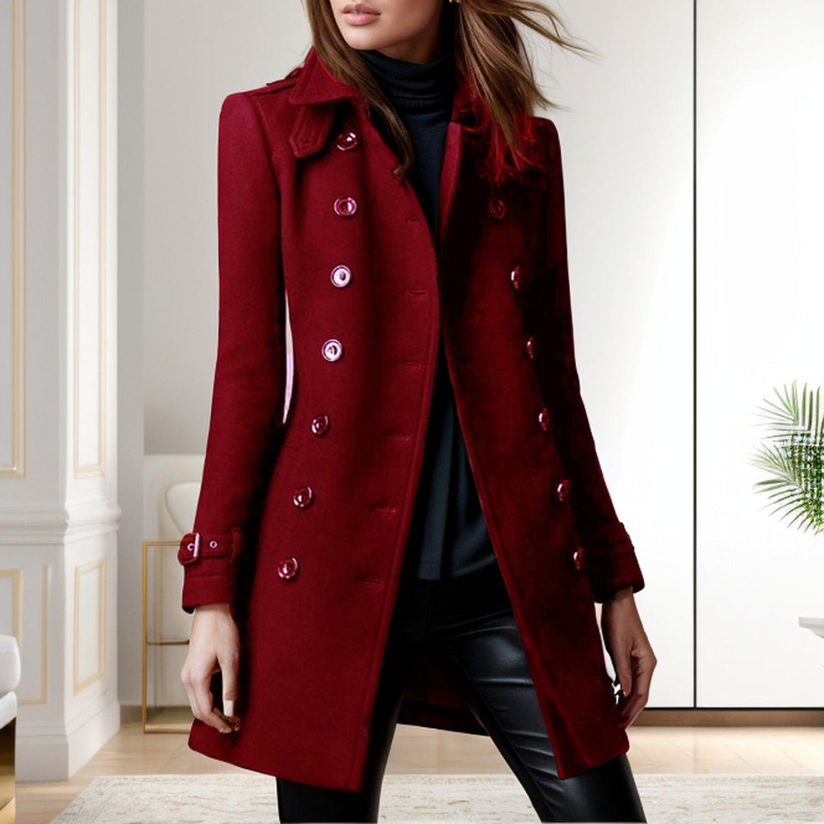 Damen eleganter Trenchcoat mit doppelter Knopfreihe und gewichtetem Kragen EB