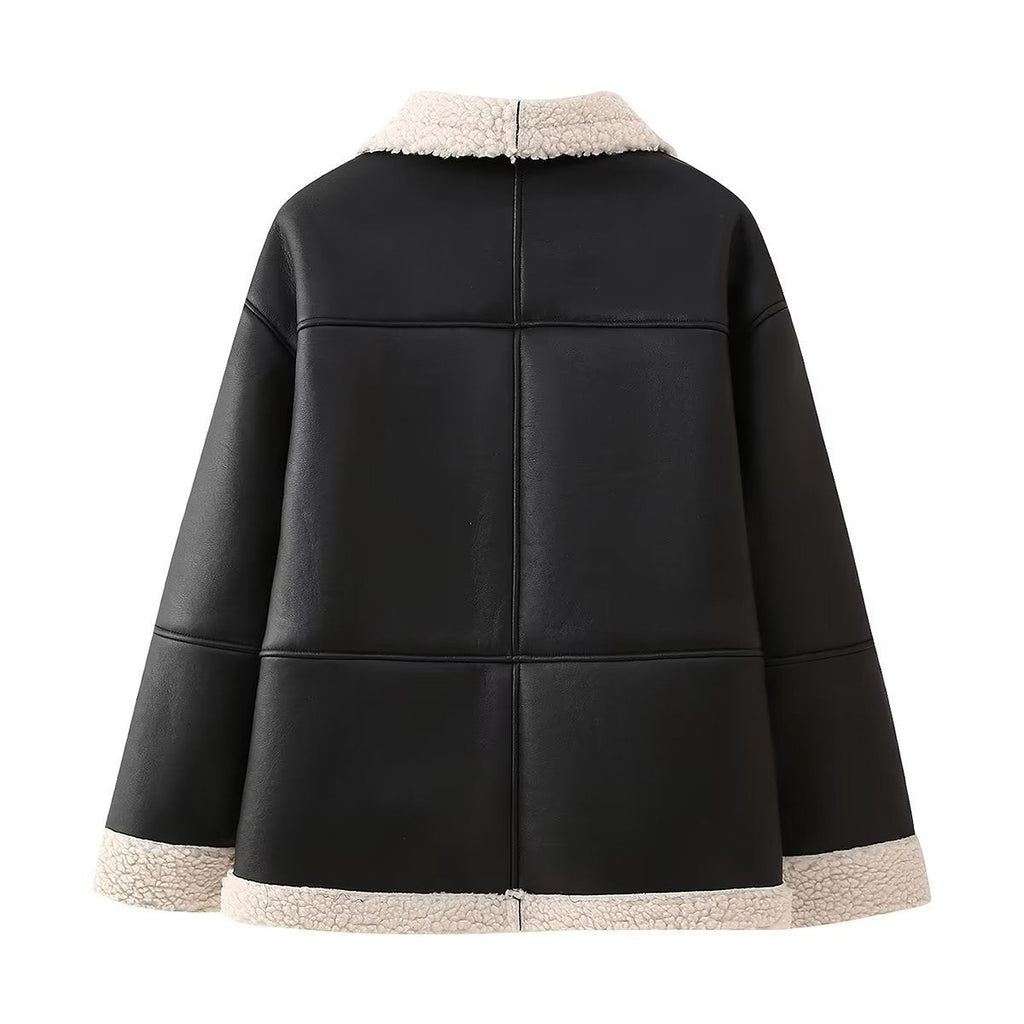 Damen Kunstlederjacke mit weichem Teddyfutter und praktischen Taschen EB