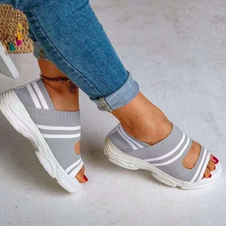 Damen atmungsaktive Freizeitschuhe mit offenen Zehen und elastischem Obermaterial EB
