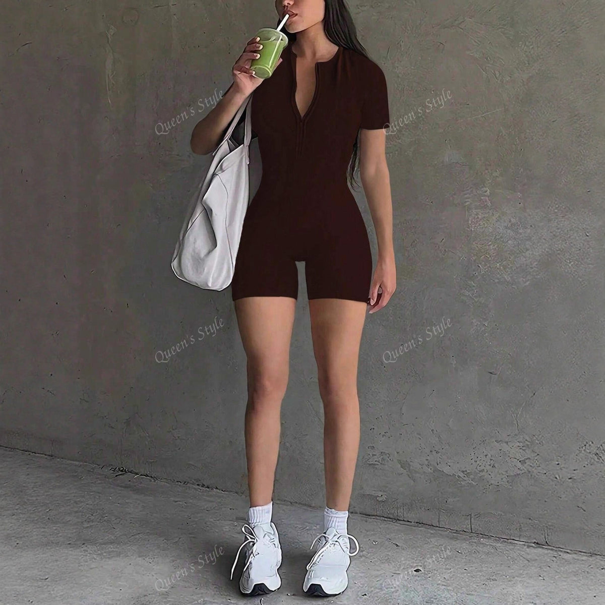 Damen Bodycon Jumpsuit mit kurzem Arm und Reißverschluss EB