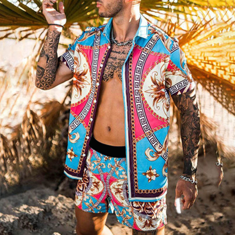 Herren Set: Kurzarmhemd mit Barockmuster und passende Shorts