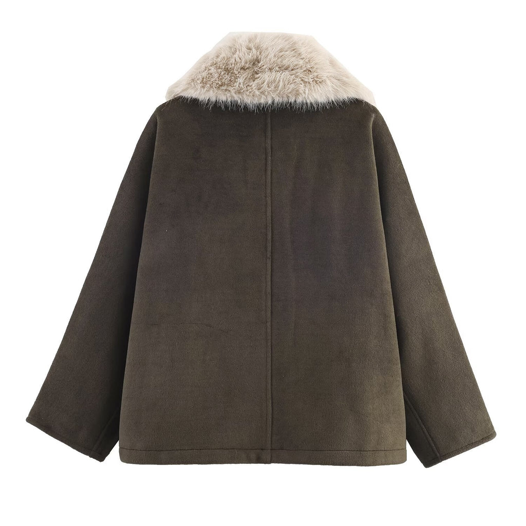 Damen eleganter Oversized-Mantel mit abnehmbarem Kunstfellkragen EB