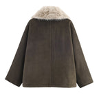 Damen eleganter Oversized-Mantel mit abnehmbarem Kunstfellkragen EB