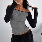 Damen nan figurnahes Raglan-Langarmshirt mit feinem Streifenjersey, schmaler Taille und elastischem Stretchmaterial EB