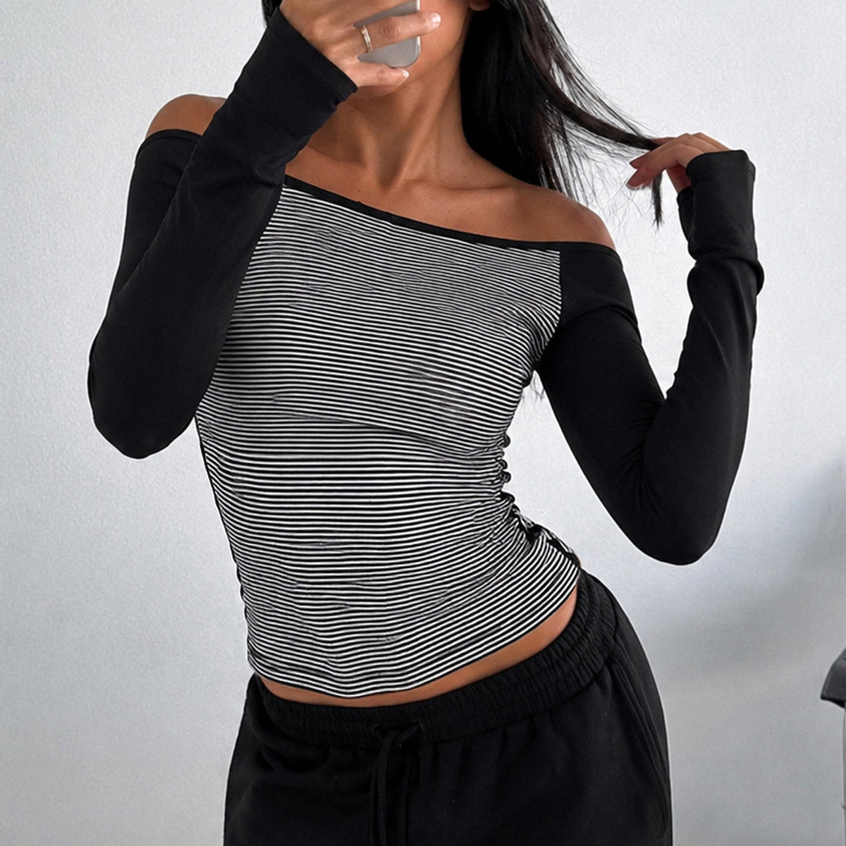 Damen nan figurnahes Raglan-Langarmshirt mit feinem Streifenjersey, schmaler Taille und elastischem Stretchmaterial EB