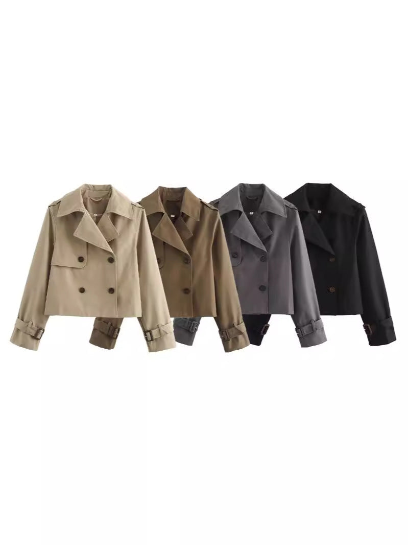 Damen cropped Trenchcoat mit doppelter Knopfleiste und verstellbaren Ärmeln EB