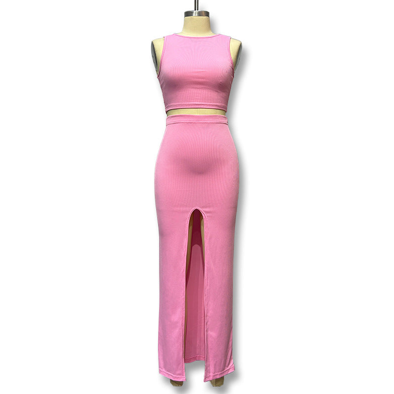Damen Elegantes und figurbetontes Halbarm-Top mit hohem Schnitt und passendem Rock EB