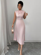 Damen elegantes ärmelloses Midi-Kleid mit drapiertem Ausschnitt EB