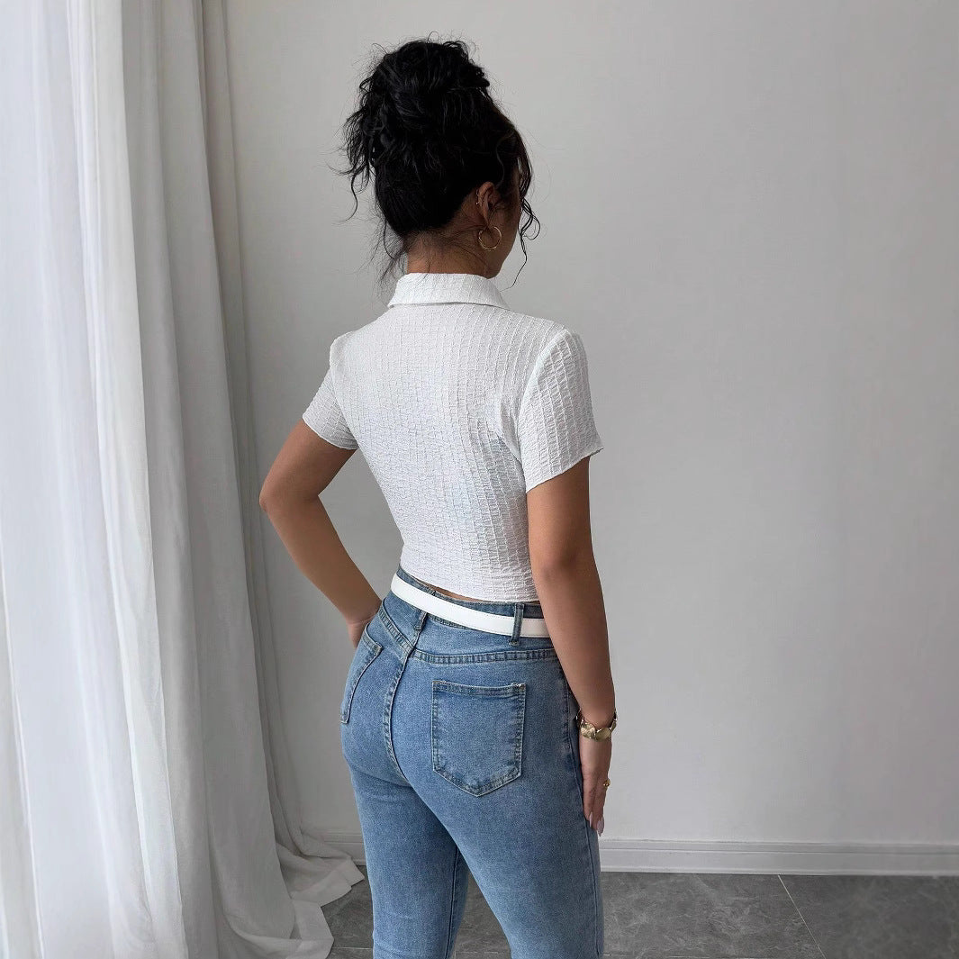 Damen Cropped Hemdbluse mit strukturiertem Material EB